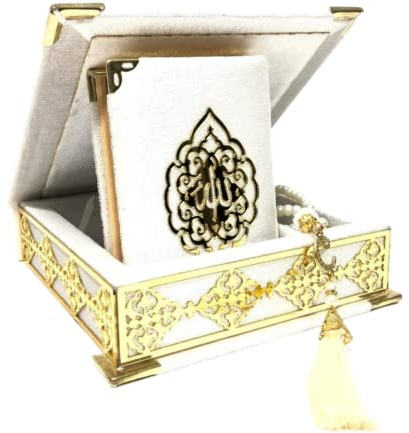 Prien Samt Koran Islam Tesbih Set, Islamische Geschenke für Eid Ramadan, Elegant Portabel Box, Muslim Wohnkultur Mit Frauen, Qur'an, Muslimische Gebetskette Für Moschee, Beten, Umrah (Ekrü)