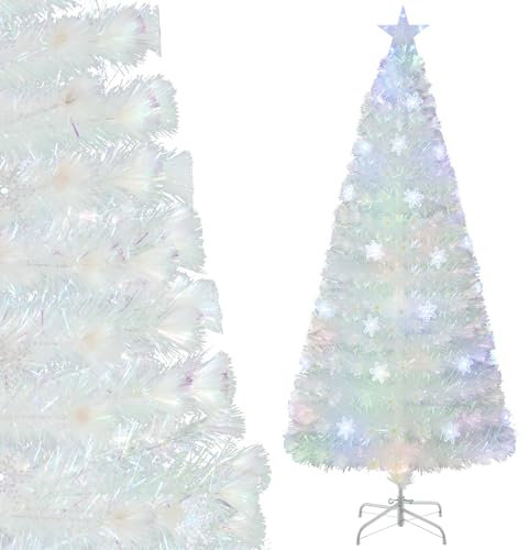 COSTWAY Sapin de Noël Artificiel Lumineux LED à Fibre Optique 180 cm, Blanc avec Feuilles Irisées, Lumières LED Flocon de Neige Multicolores, Lumière Etoilée Supérieure, pour Bureau, Maison