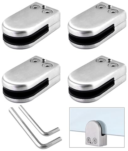 QitinDasen 4 Piezas 10～12 mm (L Tamaño) Vidrio Abrazaderas, Abrazadera de Clip de Vidrio de Acero Inoxidable 304, Soporte de Abrazadera de Cristal Ajustable con Parte Posterior Plana (Plata)