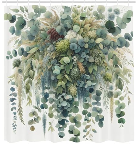 ABAKUHAUS Eukalyptus Duschvorhang, Zarte Aquarell Kunst botanischer Wasserfall blühende Blätter, Stoffliches Gewebe Badezimmerdekorationsset mit Haken, 175 x 200 cm, Lorbeergün Schieferblau