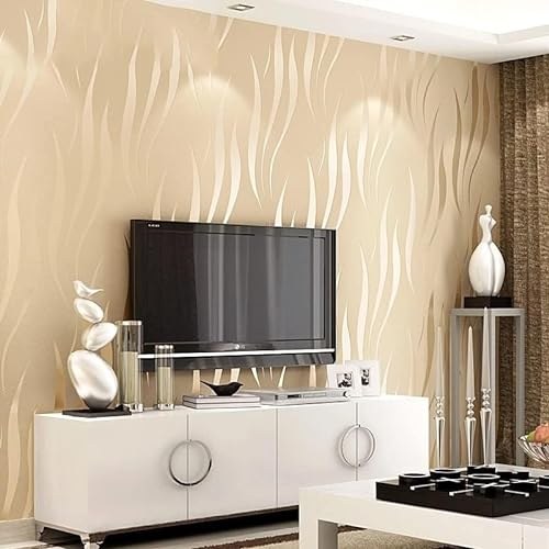 YJWZ 3D Tapete Vliestapete, 5.3 * 9.6m Vliestapete Wohnzimmer Beflockung Wellenmuster,3D Geprägte Tapete Effekt Wohnzimmer Schlafzimmer,Modern Wallpaper für Wanddekoration Wohnzimmer Büro (Beige)