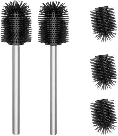 WAVEWO Juego de 2 escobilla de baño de Silicona Negra, 3 Cabezales de Repuesto, Mango Largo de Acero Inoxidable 304, Apto para baño, escobilla de baño de 7 cm de diámetro (Plata)