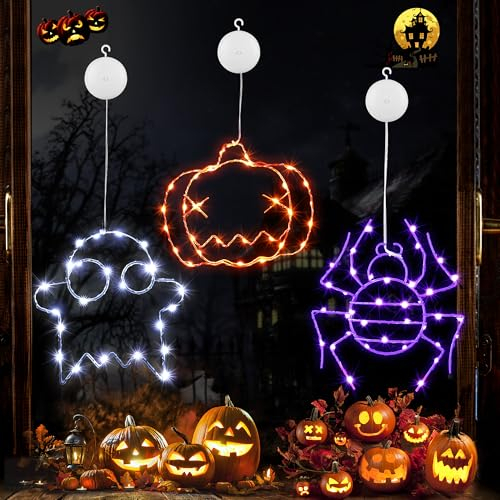 Joomer Halloween Fensterdeko, 3 Stück Halloween Outdoor Fensterlichter Orange Kürbisse Lila Spinne Weiß Geister 8 Modi Timer Batteriebetriebene Halloween Lichterkette für Innen Tür Haus Balkon Party