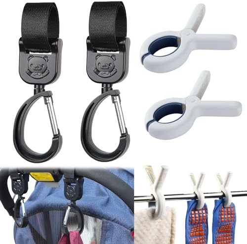 KASESSS 2 Stück Kinderwagen Haken und 2 Stück Kinderwagen Klammern Set, Universal Kinderwagenhaken, Groß Non-Marking Kinderwagen Clips Praktisch Kinderwagen Zubehör für Wickeltasche Steppdecken