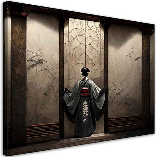 Feeby Leinwandbild - Bilder Wohnzimmer - Japanische Geisha Kimono - 90x60 1tlg - Deko Schlafzimmer - Wanddekoration - Aesthetic - Groß Moderne Bild - Foto auf Leinwand