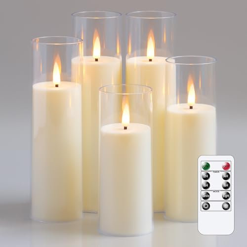 Yeelida Acrylic Flameless Flickering LED Candles with Remote Control and Timer, Battery Operated Fake 5.5cm x 12.5 15 17.5 20 20cm Plastic Pillar Candles for Home Decor(Long-Lasting, Ivory)