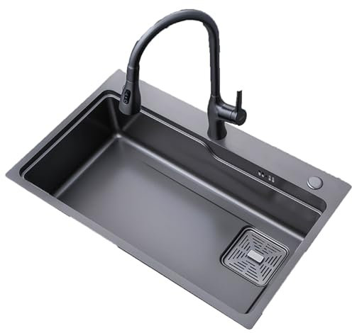 JATIBOSH 75 * 46 cm, Fregadero de Cocina, Negro Oscuro Fregadero de Acero Inoxidable, Fregadero Cocina 1 Seno, Fregadero Multifuncional con Grifo Extraíble y Otros Accesorios