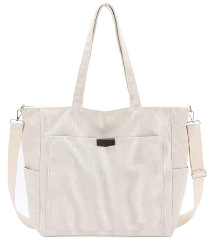 Chase Chic Cord Tasche,Groß Shopper Tasche Damen,Laptoptasche Handtasche Schultertasche mit abnehmbarem Schultergurt für Arbeit/Schule/Reisen,Beige
