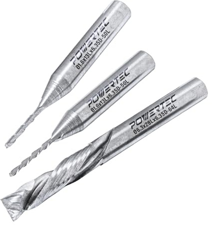 POWERTEC 73064 Spiralfräser-Bit, 3-teiliges Set, 1/16 Zoll Hochschnitt, 1/16 Zoll Down-Cut und 1/4 Zoll Up/Down Cut Kompression, 1/4-Zoll-Schaft Hartmetall-Frässtifte passend für CNC-Fräser, Handfräse