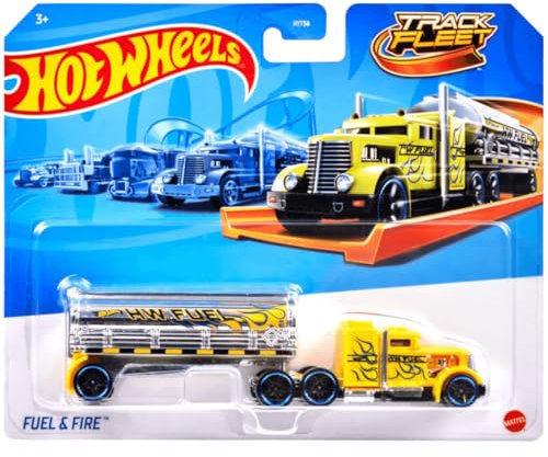 Hot Wheels Track Fleet, 1:64 Fuel & Fire Die-Cast Toy Vehicle, Combined Cab & Trailer That Works On Tracks 3 Years & Above, Yellow