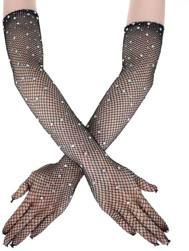 Nogeqi Glitzernde Netzhandschuhe Lang Schwarz für Damen, Kostüm Handschuhe Glitzer Strass Lange Handschuhe Fischnetz Handschuhe für Halloween Hochzeit 80er Kostümpartys Weihnachten