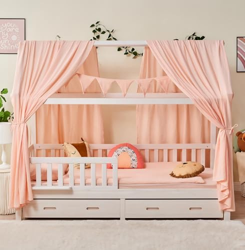 ALAVYA HOME® Hausbett KOMPLETT Set mit Musselin DEKO I Kinderbett 90x200 cm mit Schubladen inkl. 100% Bio-Musselin, Baumwolle Deko und Matratze I Massivholzbett mit Rausfallschutz und Lattenrost