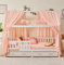 ALAVYA HOME® Hausbett KOMPLETT Set mit Musselin DEKO I Kinderbett 90x200 cm mit Schubladen inkl. 100% Bio-Musselin, Baumwolle Deko und Matratze I Massivholzbett mit Rausfallschutz und Lattenrost