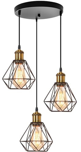 TOKIUS 3-flammig Hängelampe Retro Pendelleuchte Industrial Lampe Käfig Schwarz 16CM Lampenschirm aus Eisen mit E27 Fassung Messing Vintage Hängeleuchte für Küche Wohnzimmer (Pendellampe, Rondell)