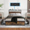 Oyajia Retro Double Size Bed 140x200cm, Metal Slat Frame, Frame Metal Platform Bed with RGB Light Strip/2 USB/2 Sockets/4 Drawers/Storage Headboard, Easy to Assemble and Ample Storage Space.