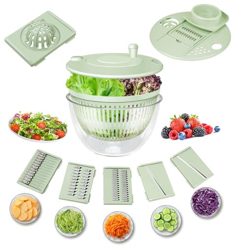 Lienffy Salad Spinner Large-5.3 Qt Vegetables Fruits Wash Spinner Bowl,Lettuce Spinner Dryer with 5 Blades,Egg Yolk Strainer Slicer Shredder for Kitchen Colander,Pasta and Fries Spinner-Green