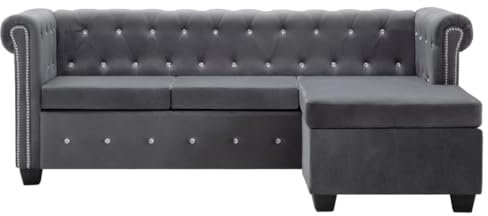 Wenjingqi 247145 Chesterfield-Sofa, L, gepolstert, Samt, Grau, 199 x 142 x 72 cm