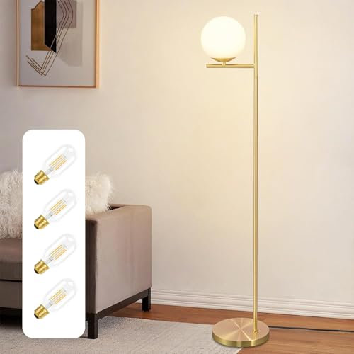 ZMH Lampadaire moderne pour salon - 1 ampoule, boule en verre dorée, pied en métal, interrupteur au pied, lampadaire en verre avec 4 ampoules E27 2700K de 4 W, câble de 2 m pour chambre à coucher
