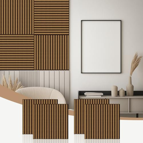 AKK-STAVE Akustikpaneele Holz 60x60 cm (4er-Set 1,44 m²) - Akustik Paneele & Holzpaneele Wand für Schallschutz | 3D Paneele Wand als Wandverkleidung Innen | Schallabsorber für Wohnzimmer(6# Teakholz)