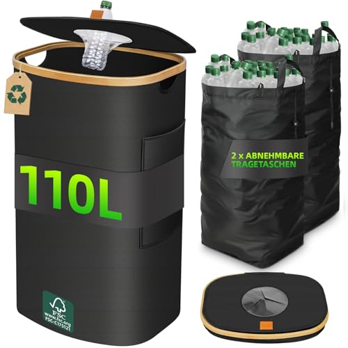 BBtang 110L Pfandflaschen Sammelbehälter Visualisierung, Pfandflaschen Behälter mit Deckel & 2 abnehmbaren Tragetaschen, Groß Pfandsammler, Leergut Sammelbehälter für Küche Und Abstellraum, Schwarz