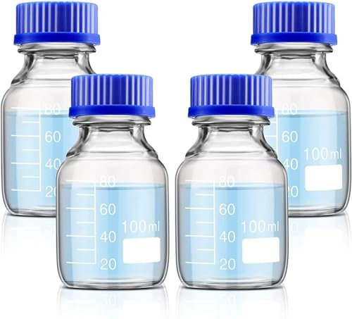 100mL Graduated Round Media/Storage Glass Bottle With GL45 Blue Polypropylene Screw Cap