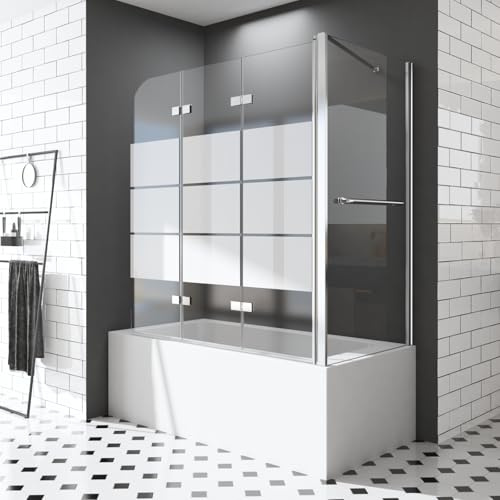 Duschwand für Badewannen mit Seitenwand 70 x 120 x 140 cm Duschwand für Badewannen 3-teilig Milchglas Streife faltbar Duschabtrennung Badewannenaufsatz für Wanne 6mm ESG Sicherheitsglas NANO Glas