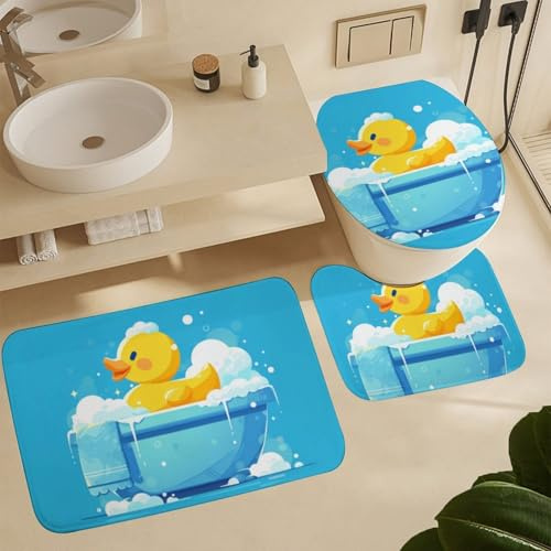 Badteppiche Set 3 Teilig Süße Enten U-Form Toilettenmatte WC Matte Saugfähige,Waschbar für Badezimmer WC