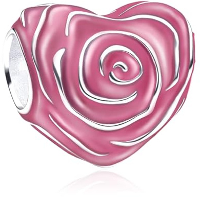 Doyafer 925 Sterling Silver Charm Pink Rose Heart-Shaped Charm Fit Women's Bracelet Necklace Pendant Jewelry Gift for Women