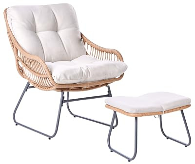 Beliani Gartensessel Fußhocker Polyrattan naturfarben Auflagen Kissen Hellbeige Mestre