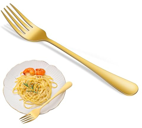 Juego de 12 tenedores de mesa dorados, tenedores de acero inoxidable en color oro para el hogar, cubiertos de metal con acabado pulido espejo para la cocina, tenedores de estilo moderno.