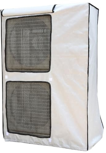 Abdeckung Klimaanlage Außengerät, Verkleidung Wärmepumpe mit Zwei Belüftungsöffnungen und Schutzvorhängen(White,98x145x42cm/38x57x16in)