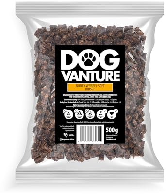 Dogvanture Buddy Snack 99% Hirsch Würfel Soft 500g Großpackung | Monoprotein Hundeleckerli für futtersensible Hunde| Getreidefrei, Zuckerfrei | Barf-inspiriert | Weich, ohne künstliche Zusätze