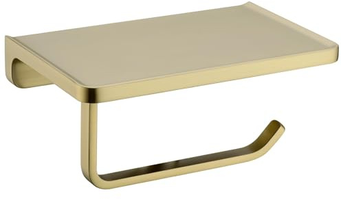 Sailainuo Brushed Brass Gold Toilet Roll Holder with Shelf Wall Mounted | Solid Thick Zinc Alloy, Bathroom Accessories, Superior Hotel Style Toilet Paper Holders