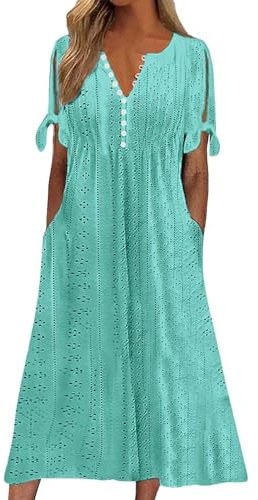 Sommarklänningar för kvinnor UK 2026 vardaglig V-ringad knapp kortärmad semester solklänningar mode elegant strand boho tryck klänning med fickor damer maxi semester fest klubb klänningar plusstorlek