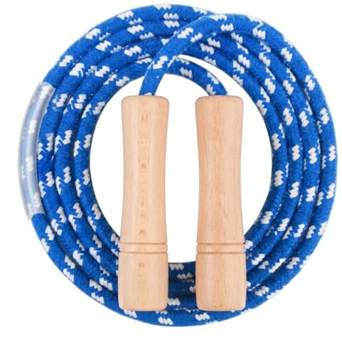 Skipping Rope Adult, 3M Adjustable Blue Jump Cotton Rope Adult Fitness, Traditional Wooden Handle Jump Rope, Jumping Exercise for Men Women and Home Fitness Training Outdoor Activities