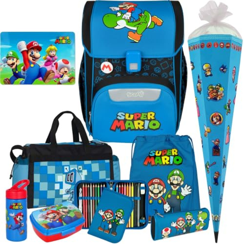 Pridera Scooli Schulranzen 1.Klasse Jungen EasyStart Schulranzen-Set geeignet für Super Mario-Fans (10tlg. mit Sporttasche passend dazu Brotdose Trinkflasche Platzdeckchen Schultüte)