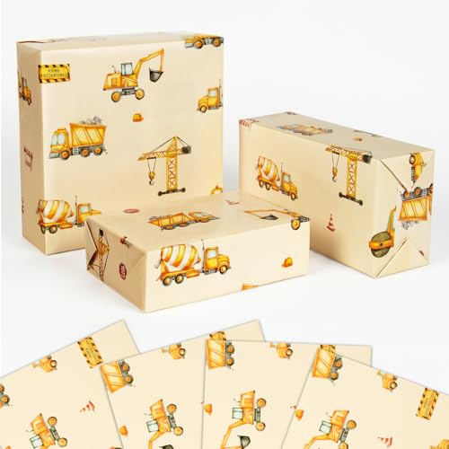 4 Blatt Geschenkpapier Baustelle Bagger, 50x70cm Geschenkpapier Kinder mit Kränen LKWs Motiv, Geschenkverpackung für Kleine bis Mittlere Geschenke zum Kindergeburtstag Geburtstag Bau Party