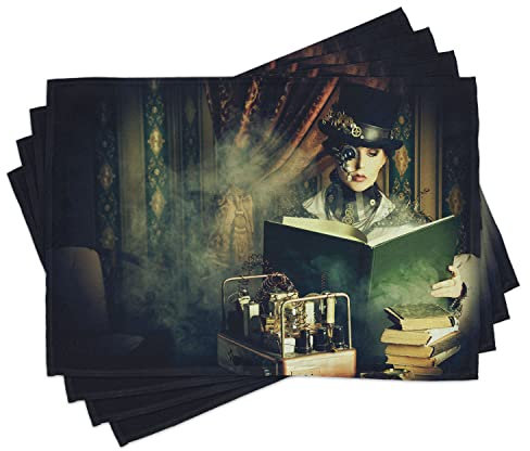 ABAKUHAUS Steampunk Platzmatten, Subculture-Kunst-Frauen, Waschbare Stoff Esszimmer Küche Tischdekorations Digitaldruck, Schwarz Braun
