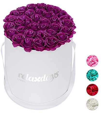 Relaxdays Rosenbox rund, 34 Rosen, stabile Flowerbox weiß, lange haltbar, Geschenkidee, dekorative Blumenbox, lila, 33 x 32 x 32 cm