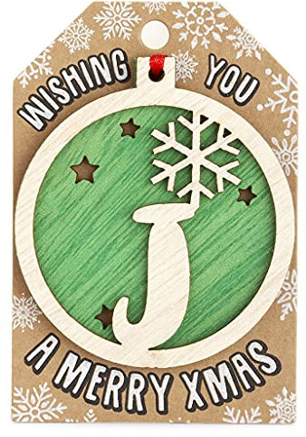 Personalised Wooden J Letter Initial Green Hanging Christmas Tree Bauble Decoration
