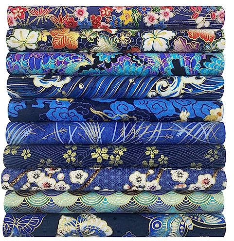 aufodara 10er Baumwollstoff Meterware Patchwork 20x25 cm Japanische Stil gedruckt Blumen Gold Muster Bronzing Stoffpaket Baumwolle Stoffe zum Nähen Quilten DIY Handarbeit (Blau, Marineblau)
