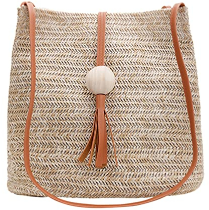 Amosfun Sac à main en paille tressée avec bandoulière en cuir pour femme et fille Marron