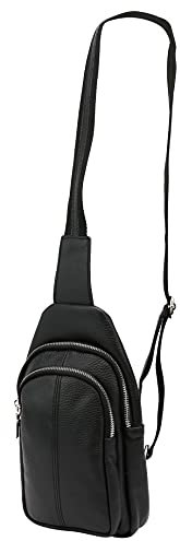 SH Leder echt Leder Damen Unisex Brusttasche für Festival Reise mittelgross Hüfttasche Crossbody Bag Frauen Ledertasche 16x29cm Anita G545 (Schwarz)