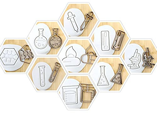 Labor/Chemie Set (9st) Laborglas/Pipette/Messbecher/Molekül/Thermometer/Stehkolben/Mikroskop/Erlenmeyer/Cookie Cutter Fondant Keksstempel/Ausstechform Keksausstecher Plätzchen ca. 8cm