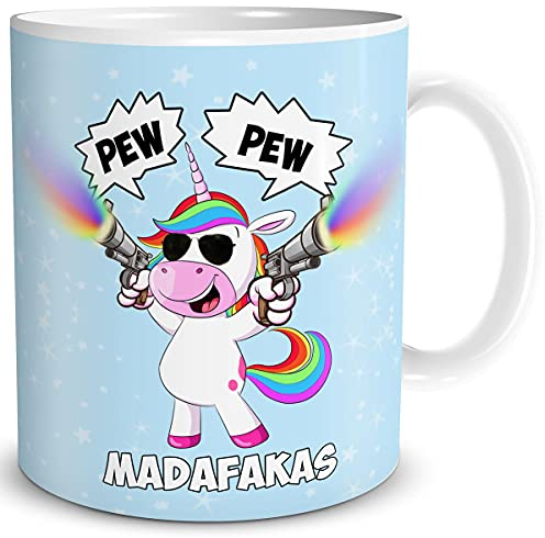 TRIOSK Tasse Einhorn Pew Pew Madafakas mit Spruch lustig Schießendes Unicorn Geschenk Bürotasse für Männer Frauen Einhornliebhaber Kollegen Blau