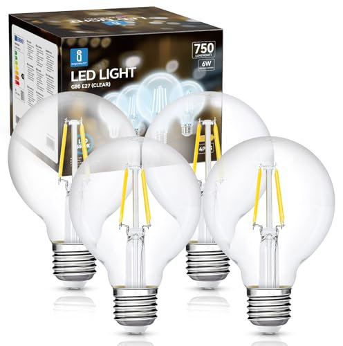 Aigostar Lampadina Vintage Edison LED E27 6W Equivalenti a 57W, Luce Bianca 6500K, 750Lm, CRI>80, G80 Stile Vintage Lampadine Decorativo, Non Dimmerabile, Pacco da 4 Pezzi
