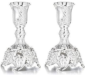 Tiardey 2Pcs 3,9 Zoll Schabbat Kerzenhalter Halter Konische Kerzenhalter,Verzierte Kerzenhalter Für Zuhause Dekorieren Büro Hochzeit Tischdekoration - Silber