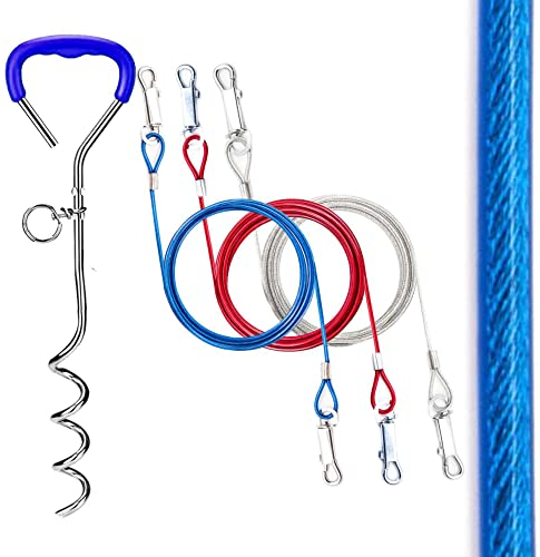 2x 1.8m BRIGHT Dog Chains for Outside, Tie-Out Cable Tether – with Steel Spiral Heavy Duty Ground Spike Stake (45cm) – Outdoor Dogs Accessories, Lead, Hook (Blue)