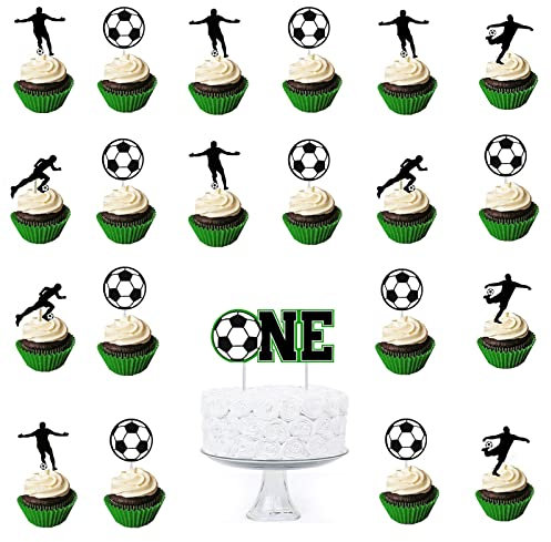 Catelves 25 Stück Fußball Cupcake Topper, Cupcake Deko Fussball, Tortendeko Fussball, Fussball Torten Deko, Sport Party Tortendeko, Party Kindergeburtstag,Hergeben Tortenaufleger Groß Einfügung Karte