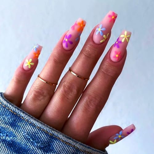 Brishow Cercueil Faux ongles Français Rose Faux ongles Fleurs Appuyez sur les ongles Glitter Stick sur les ongles 24pcs pour femmes et filles (d)